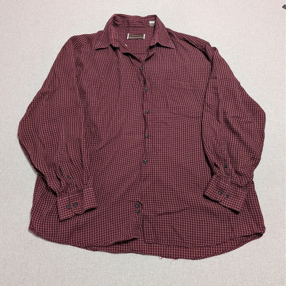 Johnston & Murphy Men's XL Burgundy Tan Plaid Tencel Long Sleeve Button Down